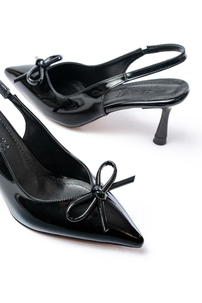 İNF-4500 Siyah Rugan Günlük Arkası Açık Fiyonklu Topuklu Bayan Ayakkabı - Resim 5