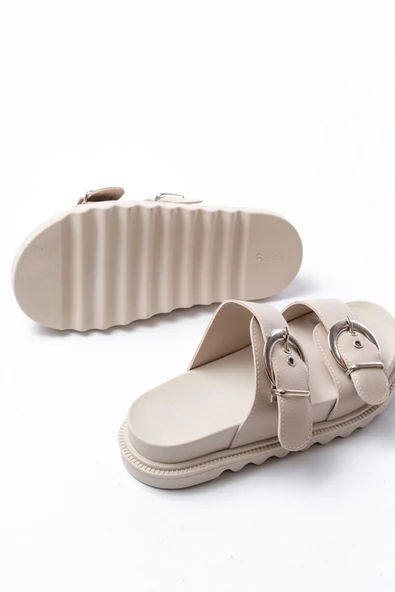 DM-6010 Bej Toka Aksesuarlı Günlük Kadın Terlik - Resim 4