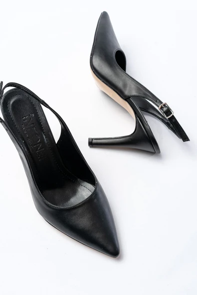 ST-1153 Siyah Günlük Arkası Açık 9 cm Topuklu Kadın Ayakkabı - Resim 4