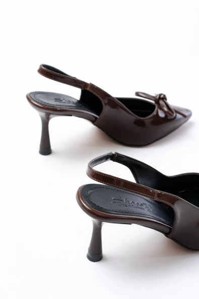 İNF-4500 Kahve Rugan Günlük Arkası Açık Fiyonklu Topuklu Bayan Ayakkabı - Resim 5