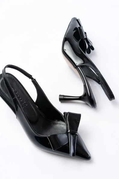 İNF-4501 Siyah Rugan Günlük Arkası Açık Fiyonklu Topuklu Bayan Ayakkabı - Resim 5