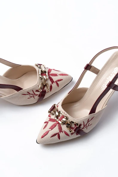 K-250 Bordo Keten Günlük Arkası Açık Tokalı Topuklu Kadın Ayakkabı - Resim 4