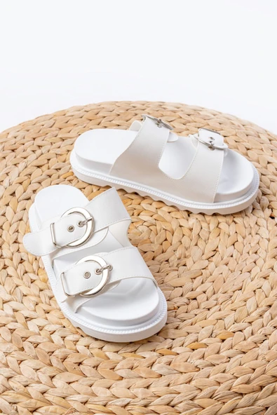DM-6010 Beyaz Toka Aksesuarlı Günlük Kadın Terlik - Resim 3