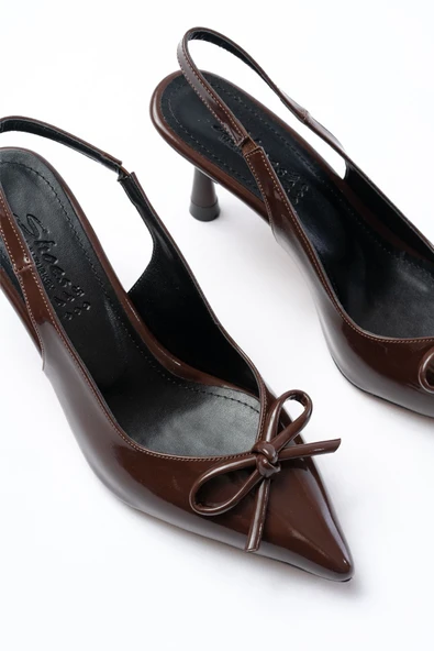 İNF-4500 Kahve Rugan Günlük Arkası Açık Fiyonklu Topuklu Bayan Ayakkabı - Resim 4