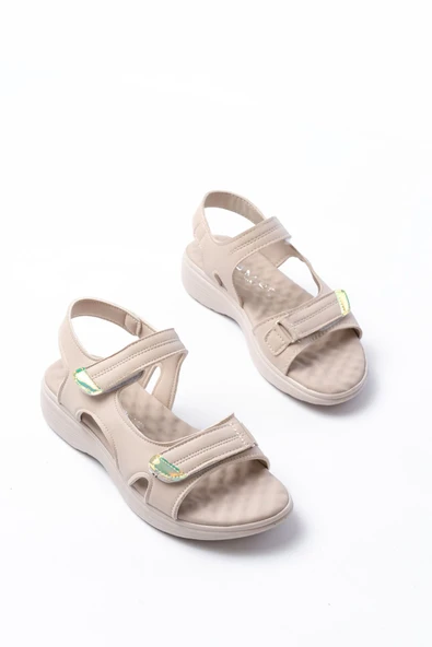 DM-363  Bej Baret Cırtlı Dikişli Günlük Kadın Sandalet - Resim 3