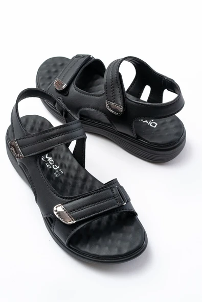 DM-363  Siyah Baret Cırtlı Dikişli Günlük Kadın Sandalet - Resim 4