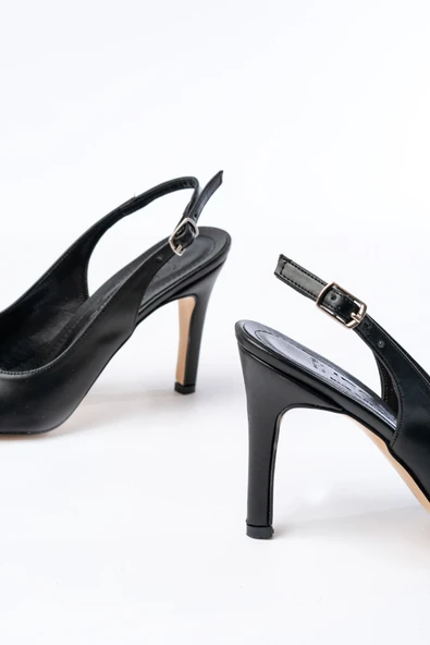 ST-1153 Siyah Günlük Arkası Açık 9 cm Topuklu Kadın Ayakkabı - Resim 5