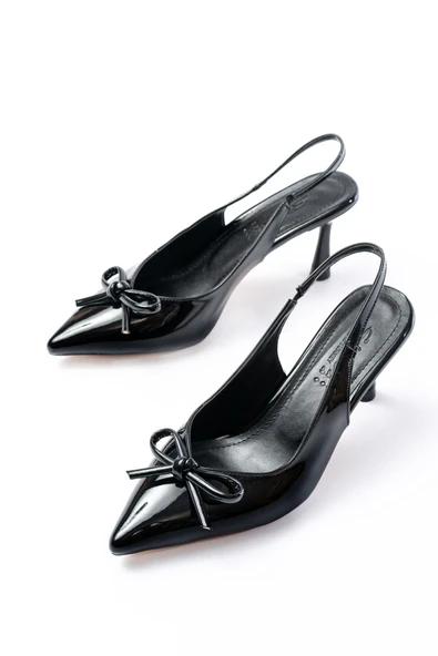 İNF-4500 Siyah Rugan Günlük Arkası Açık Fiyonklu Topuklu Bayan Ayakkabı - Resim 2