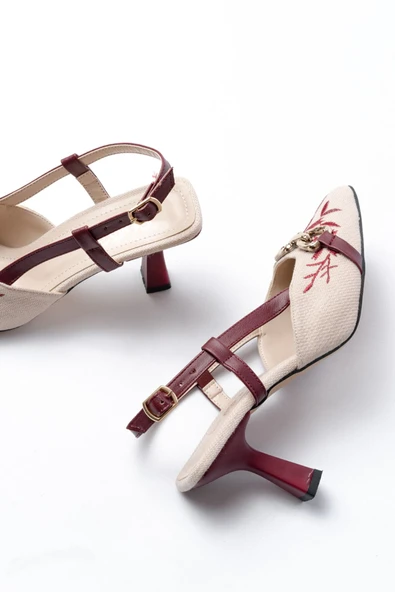 K-250 Bordo Keten Günlük Arkası Açık Tokalı Topuklu Kadın Ayakkabı - Resim 5