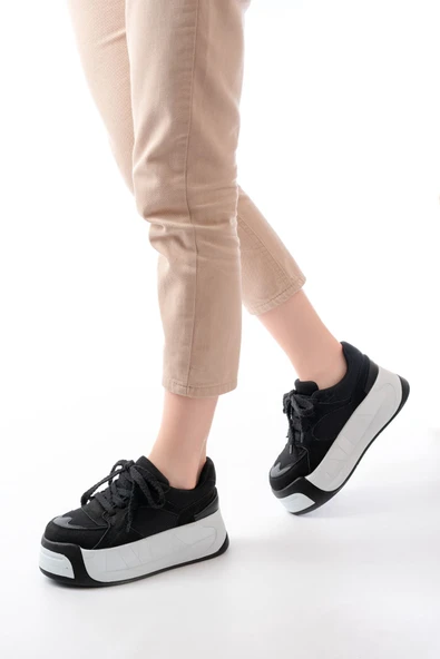 SP-190 Siyah Garni Bağcıklı Fileli Yüksek Taban Günlük Spor Ayakkabı - 2