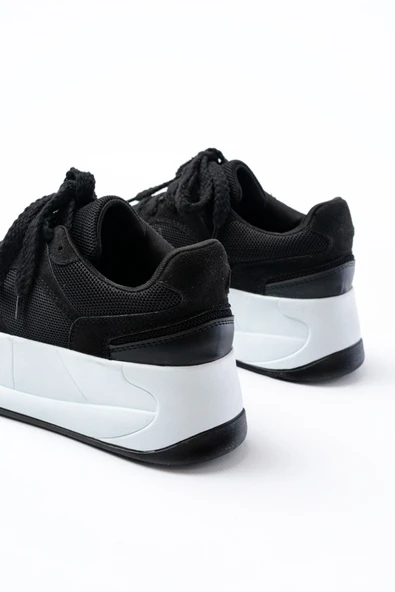 SP-190 Siyah Garni Bağcıklı Fileli Yüksek Taban Günlük Spor Ayakkabı - 5