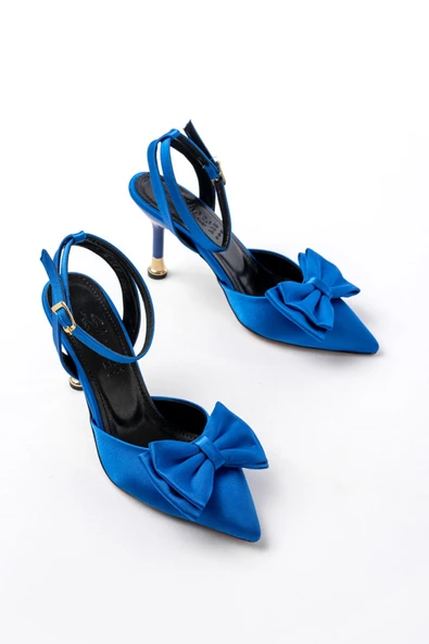 İNF-4505 Mavi Saten Günlük Arkası Açık Kurdele detaylı Topuklu Bayan Ayakkabı - Resim 3