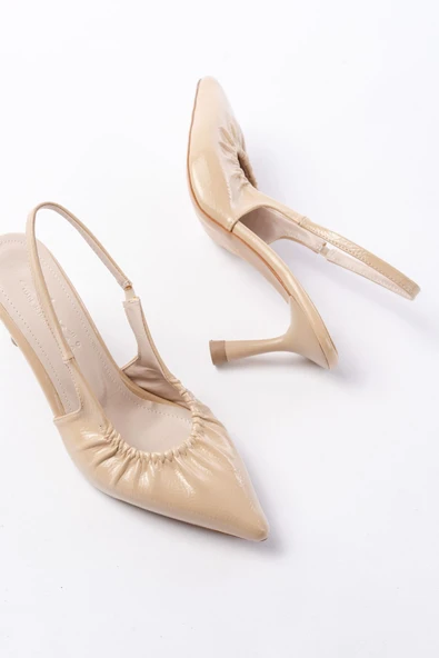 İNF-40451 Bej Kırışık Rugan Günlük Arkası Açık Topuklu Bayan Ayakkabı - Resim 5