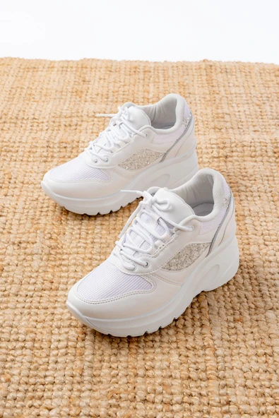 F-185 Beyaz Günlük Bağcıklı Taş Aksesuarlı Yazlık Spor Ayakkabı - 3