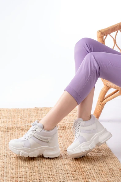 F-209 Beyaz Bağcıklı Fileli Taş Aksesuarlı Günlük Spor Ayakkabı