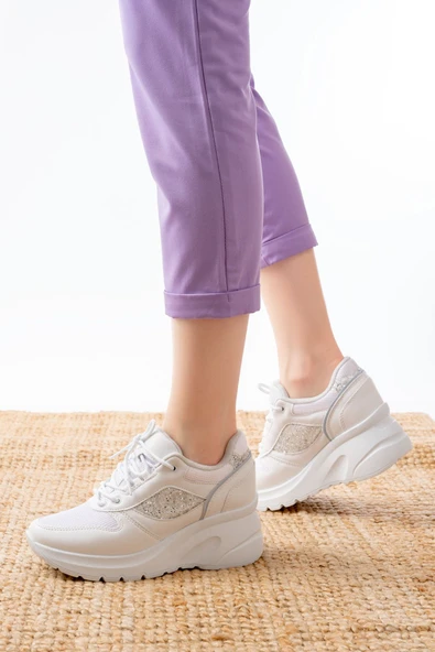 F-185 Beyaz Günlük Bağcıklı Taş Aksesuarlı Yazlık Spor Ayakkabı