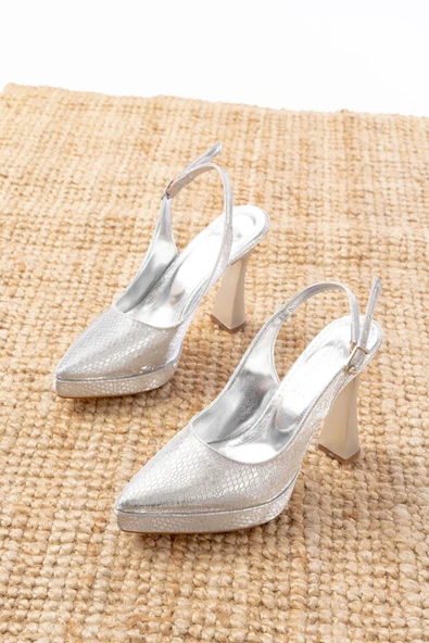 B-2101 Gümüş Günlük Arkası Açık Yılan Desenli Topuklu Bayan Ayakkabı - Resim 3