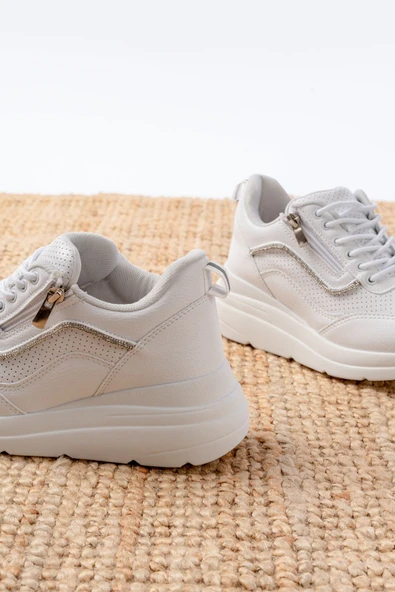 F-207 Beyaz Bağcıklı Fermuarlı Taş Aksesuarlı Mevsimlik Spor Ayakkabı - Resim 5