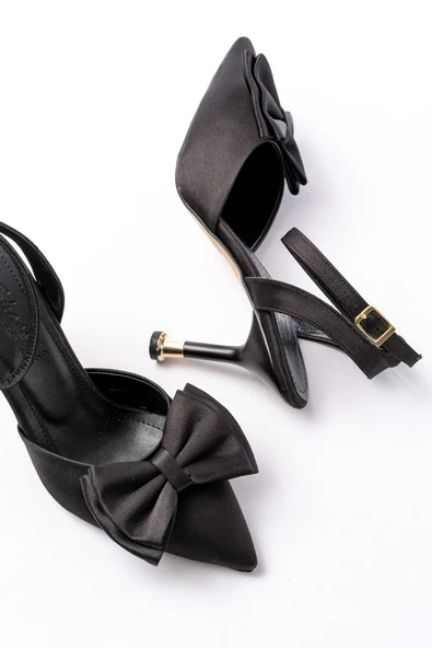 İNF-4505 Siyah Saten Günlük Arkası Açık Kurdele detaylı Topuklu Bayan Ayakkabı - Resim 4