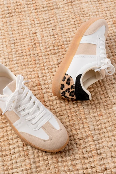 M-6006 Beyaz Garni Leopar Desenli Bağcıklı Termo Taban Günlük Kadın Spor - Resim 3