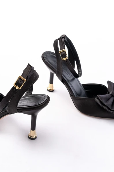 İNF-4505 Siyah Saten Günlük Arkası Açık Kurdele detaylı Topuklu Bayan Ayakkabı - Resim 5