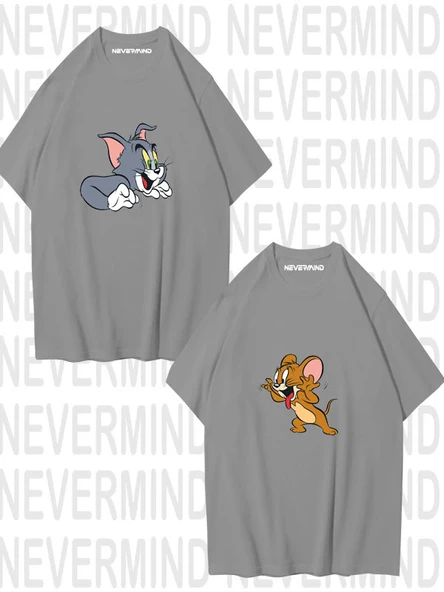 Unisex Tom ve Jerry Ön Baskılı Sevgili Çift Kombini Tasarım Oversize Tshirt 2'li