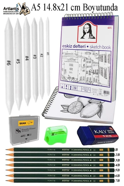 A5 Telli Eskiz Defteri Spralli 50 Yaprak Karakalem Çizim Seti Fatih Dereceli Kalem Gölgelendirme Kalemi Hamur Silgi
