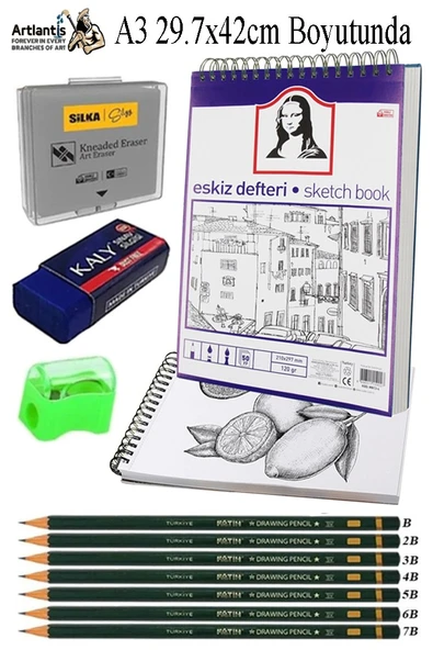 A3 Telli Eskiz Defteri Spralli 50 Yaprak Karakalem Çizim Seti Fatih Dereceli Kalem Hamur Silgi Sınav Silgisi Kalemtraş