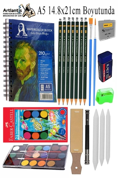 Telli Suluboya Bloğu Kağıdı A5 210gr 20 Yaprak İnce Dokulu Gölgelendirme Zımpara 21 Renk Suluboya Dereceli Kalem Uzatma