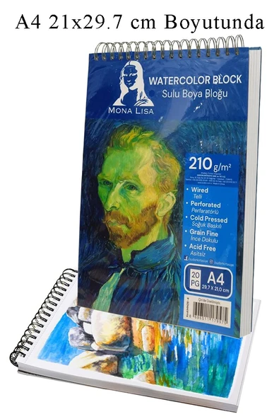 Telli Suluboya Bloğu A4 210gr 20 Yaprak İnce Dokulu Eskiz Defteri Sulu Boya Kağıdı Çizim Guaj Boya Gravür Karakalem