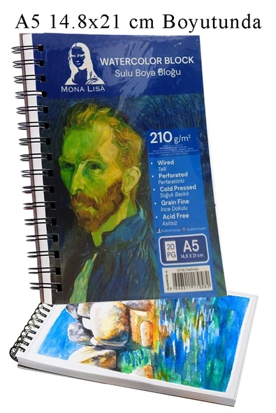 Telli Suluboya Bloğu A5 210gr 20 Yaprak İnce Dokulu Eskiz Defteri Sulu Boya Kağıdı Çizim Guaj Boya Gravür Karakalem