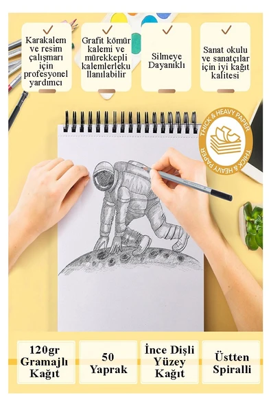 Telli Eskiz Defteri A4 Spiralli 50 Yaprak 1 Adet 120 gr 210x297 mm Karakalem Sketch Book Üstten Açılmalı Ezkiz Defteri - 2