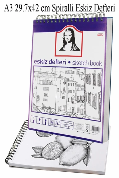 Telli Eskiz Defteri A3 Spiralli 50 Yaprak 1 Adet 120 gr 297x420 mm Karakalem Sketch Book Üstten Açılmalı Ezkiz Defteri