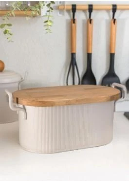 The Mia Stripe Ahşap Kapaklı Ekmek Saklama Kutusu Bej 40x22x18 CM  STP0020 - 2