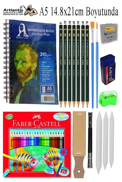 Telli Suluboya Bloğu Kağıdı A5 210gr 20 Yaprak Dokulu Gölgelendirme Zımpara 24 Renk Aquarell Kuruboya Dereceli Uzatma