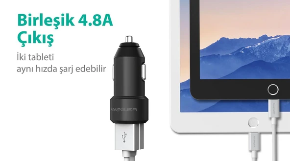 RavPower RP-VC006 Ultra İnce/Ufak 24W 4.8A Çift Çıkış iSmart Araç Şarjı Siyah - 5