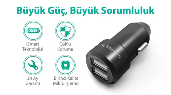 RavPower RP-VC006 Ultra İnce/Ufak 24W 4.8A Çift Çıkış iSmart Araç Şarjı Siyah - 6