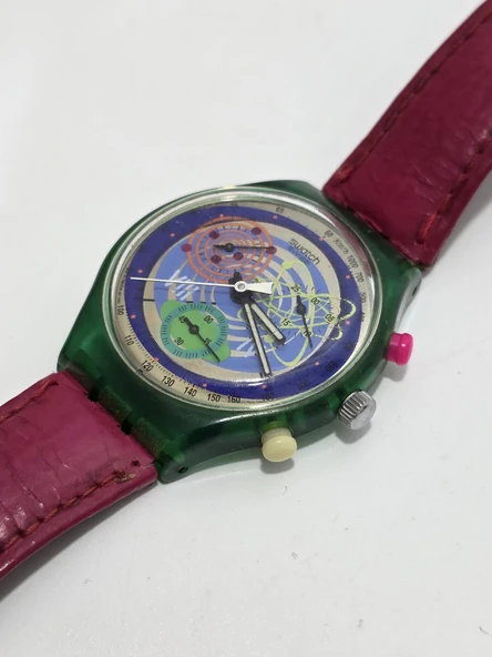 Swatch Chrono Pinksprings 37mm Deri Kordon 1992 Vintage Kol Saati 2.El - Resim 7