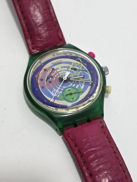 Swatch Chrono Pinksprings 37mm Deri Kordon 1992 Vintage Kol Saati 2.El - Resim 8