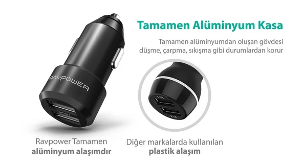 RavPower RP-VC006 Ultra İnce/Ufak 24W 4.8A Çift Çıkış iSmart Araç Şarjı Siyah - 3