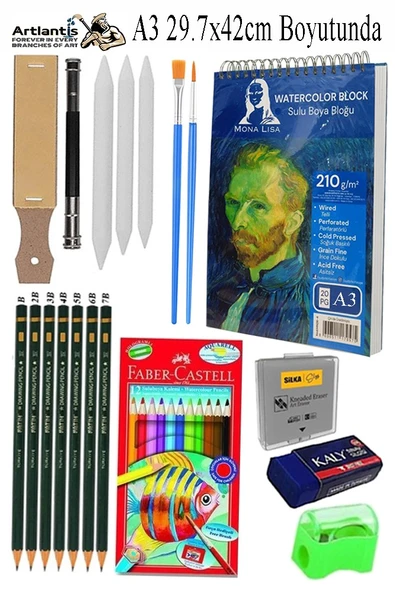 Telli Suluboya Bloğu Kağıdı A3 210gr 20 Yaprak İnce Dokulu Gölgelendirme Zımpara Aquarell Kuruboya Dereceli Kalem Uzatma