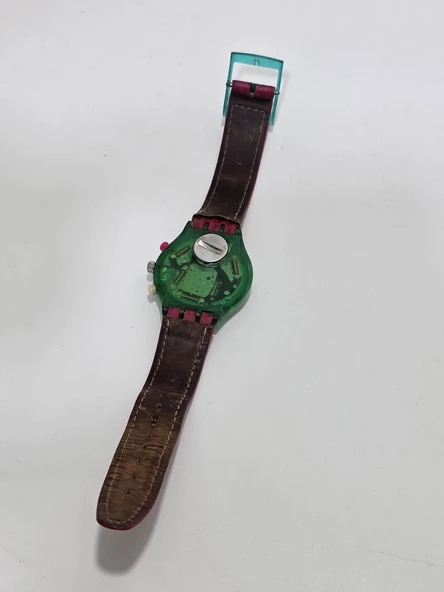 Swatch Chrono Pinksprings 37mm Deri Kordon 1992 Vintage Kol Saati 2.El - Resim 4