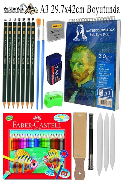 Telli Suluboya Bloğu Kağıdı A3 210gr 20 Yaprak Dokulu Gölgelendirme Zımpara 24 Renk Aquarell Kuruboya Dereceli Uzatma