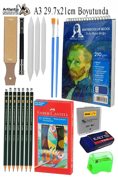 Telli Suluboya Bloğu Kağıdı A3 210gr 20 Yaprak İnce Dokulu Gölgelendirme Zımpara 12 Renk Suluboya Dereceli Kalem Uzatma