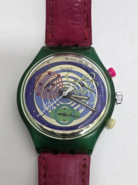 Swatch Chrono Pinksprings 37mm Deri Kordon 1992 Vintage Kol Saati 2.El - Resim 9