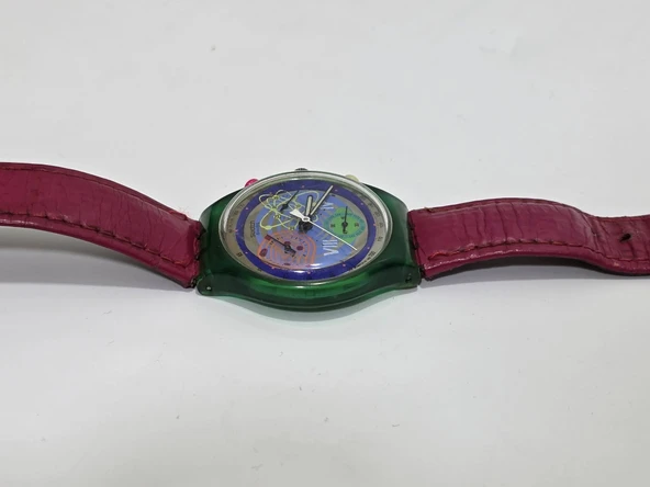 Swatch Chrono Pinksprings 37mm Deri Kordon 1992 Vintage Kol Saati 2.El - Resim 6
