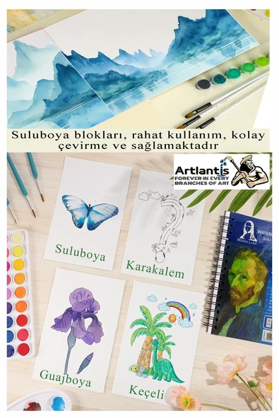 Telli Suluboya Bloğu A4 210gr 20 Yaprak İnce Dokulu Eskiz Defteri Sulu Boya Kağıdı Çizim Guaj Boya Gravür Karakalem - 3