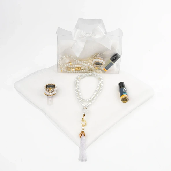 Tesbih + Eşarp + Zikirmatik + Esans Hediye Seti (Çantalı Asetat Kutu, Krem) - 2