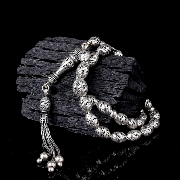 925 Ayar Gümüş Arpa Kesim Fizyon Tesbih Model 10 - Resim 2