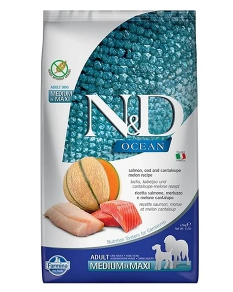 N&D Ocean Tahılsız Somon,Morina Balığı ve Kavunlu Büyük ve Orta Irk Yetişkin Köpek Maması 2,5kg